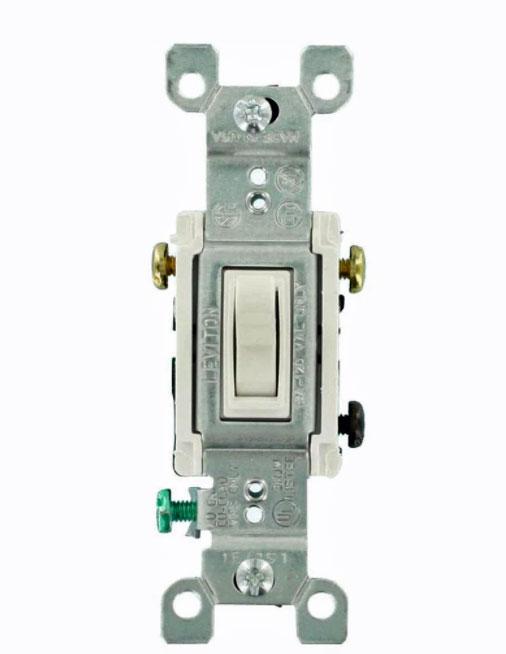 Leviton 1453 - 15 Amp, 120 Volt, Toggle Framed 3-Way AC Quiet Switch, Residential Grade, Grounding, Quickwire Push-In & Side Wired - Ready Wholesale Electric Supply and Lighting
