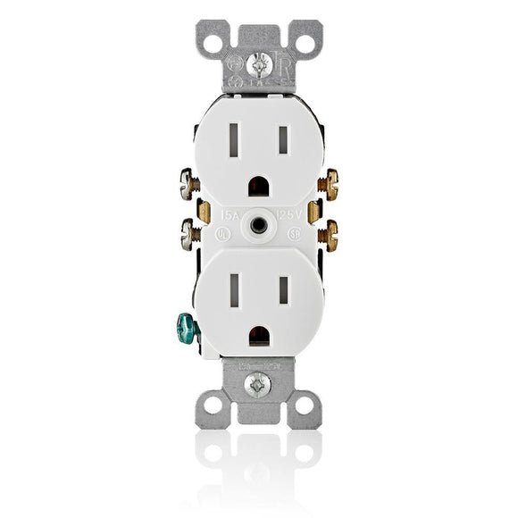 Leviton 5320 - 15 Amp, 125 Volt, NEMA 5-15R, 2P, 3W, With Ears Duplex Receptacle, Straight Blade, Residential Grade, Self Grounding, Quickwire Push-In & Side Wired, Steel Strap - Ready Wholesale Electric Supply and Lighting