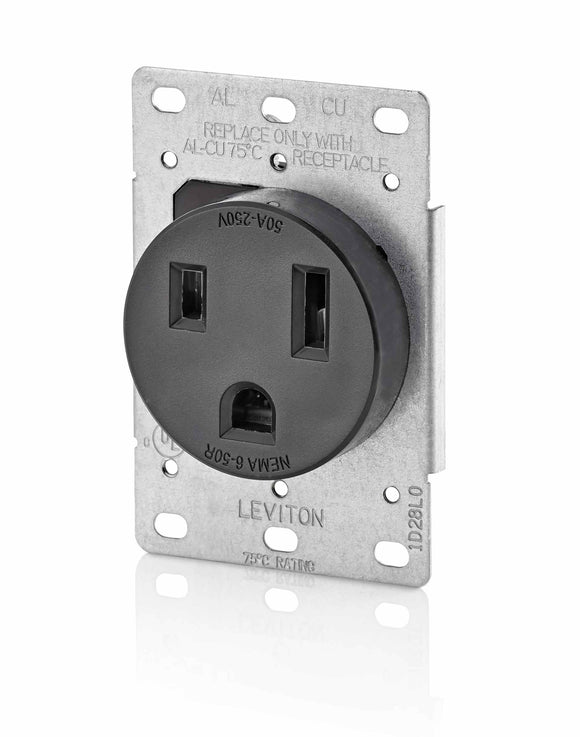 Leviton 5374-S00 - 50 Amp, 250 Volt, NEMA 6-50R, 2P, 3W, Flush Mtg Receptacle, Straight Blade, Industrial Grade, Grounding, Side Wired, Steel Strap - Black - Ready Wholesale Electric Supply and Lighting