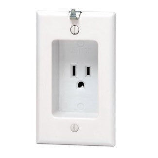 Leviton 688 - 1-Gang Single Recessed Receptacle, 15 A, 125 Volt, 2-Pole, 3-Wire, NEMA 5-15R, Residential Grade with Clock Hanger Hook - Ready Wholesale Electric Supply and Lighting