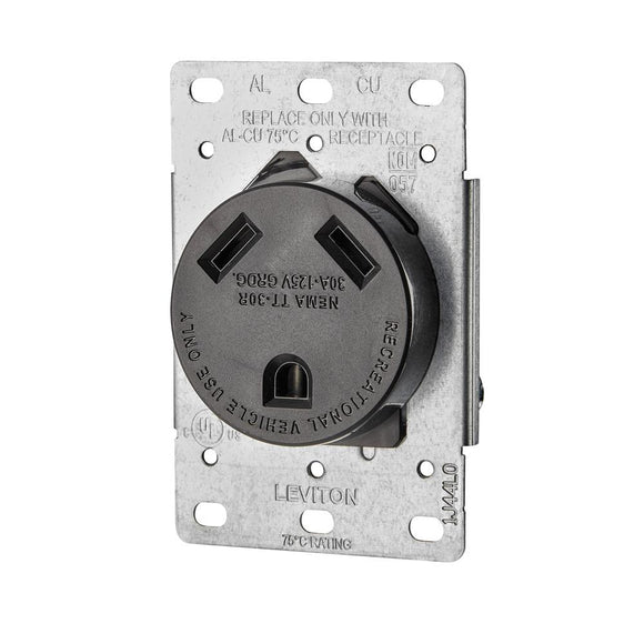Leviton 7313-S00 - 30 Amp, 125 Volt, NEMA TT-30R, 2P, 3W, Flush Mtg Receptacle, Straight Blade, Industrial Grade, Grounding, (For Recreational Vehicles), Side Wired, Steel Strap - Black - Ready Wholesale Electric Supply and Lighting