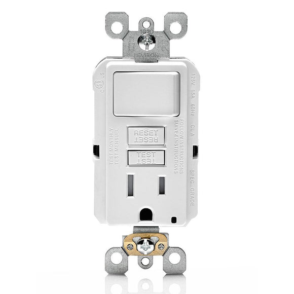 Leviton GFSW1 - SmartlockPro Slim GFCI Combination Switch. Tamper-Resistant Receptacle with LED Indicator. 15 Amp, 125 Volt. Switch 1800 Watts, 120V AC - Ready Wholesale Electric Supply and Lighting