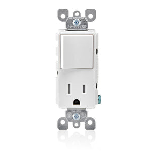 Leviton T5625-W - Tamper-Resistant rocker style combination decora switch and receptacle/outlet. 15a-120v ac single pole switch. 15a-12 premium spec grade,10 yr. cof, nema