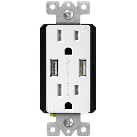 Enerlite 61501-TR2USB-CC-W Interchangeable Face Plate (Dual Usb 4.8a, Duplex Receptacle 15a) White - Ready Wholesale Electric Supply and Lighting