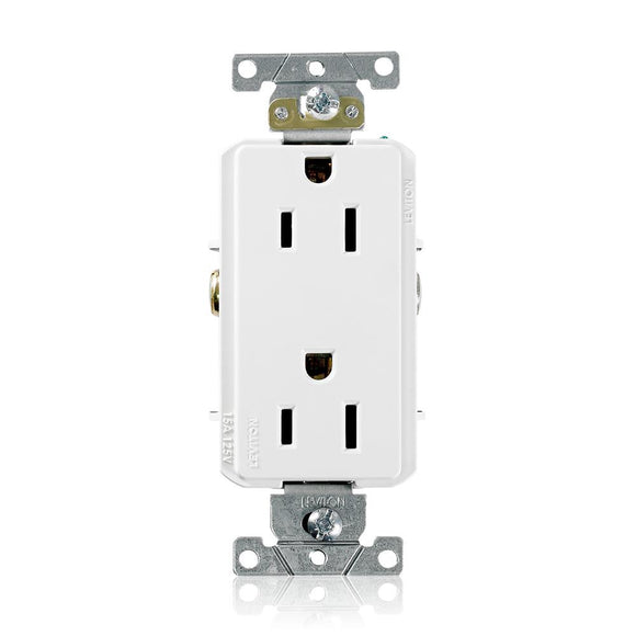 Leviton 16252 - Decora Plus Duplex Receptacle Outlet, Heavy-Duty Industrial Specification Grade, Smooth Face, 15 Amp, 125 Volt, Back and Side Wire, NEMA 5-15R, 2-Pole, 3-Wire, Self-Grounding - Ready Wholesale Electric Supply and Lighting