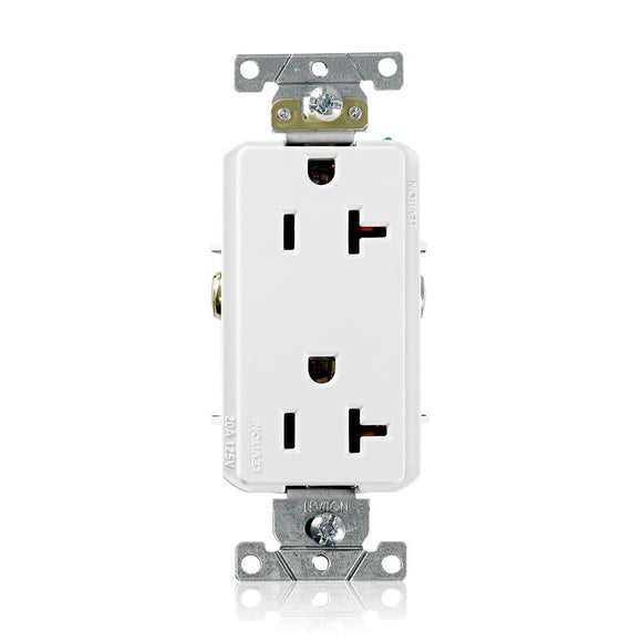 Leviton 16352 - Decora Plus Duplex Receptacle Outlet, Heavy-Duty Industrial Specification Grade, Smooth Face, 20 Amp, 125 Volt, Back or Side Wire, NEMA 5-20R, 2-Pole, 3-Wire, Self-Grounding - Ready Wholesale Electric Supply and Lighting