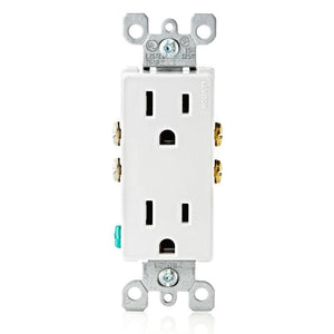 Leviton 5325 - 15 Amp, 125 Volt, NEMA 5-15R, 2-Pole, 3-Wire, Decora Duplex Receptacle, Straight Blade, Residential Grade, Self Grounding, Quickwire Push-In & Side Wired, Steel Strap - Ready Wholesale Electric Supply and Lighting