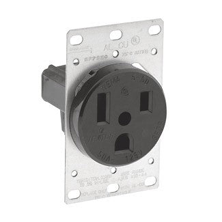Leviton 5373 - 50 Amp, 125 Volt, NEMA 5-50R, 2P, 3W, Flush Mtg Receptacle, Straight Blade, Industrial Grade, Grounding, , Side Wired, Steel Strap - Black - Ready Wholesale Electric Supply and Lighting