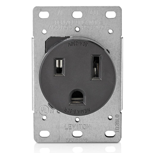Leviton 5374 - 50 Amp, 250 Volt, NEMA 6-50R, 2P, 3W, Flush Mtg Receptacle, Straight Blade, Industrial Grade, Grounding, Side Wired, Steel Strap - Black - Ready Wholesale Electric Supply and Lighting