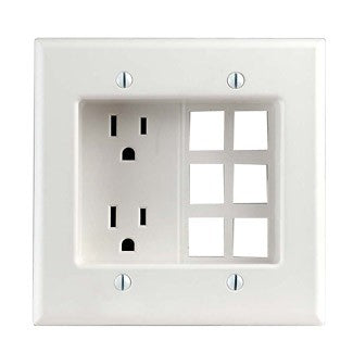 Leviton 690-W - 2 Gang Recessed Device with Duplex Receptacle (2p 3wire, 15A-125V) and 6 Quickport Plate (accepts low voltage connectors) NEMA 5-15R Residential Grade. White - Ready Wholesale Electric Supply and Lighting