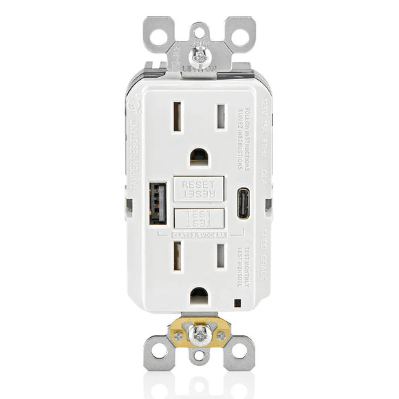 Leviton GUAC1-W 15A SmartlockPro® Self-Test GFCI Combination 24W(4.8A) Type A/C USB In-Wall Charger Outlet - Ready Wholesale Electric Supply and Lighting