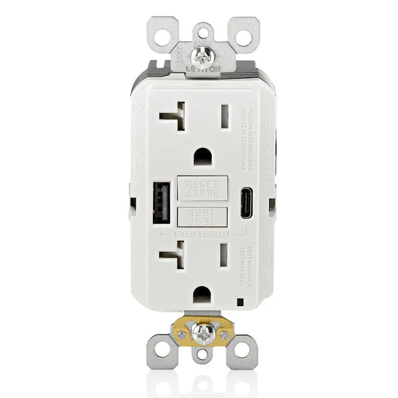 Leviton GUAC2-W 20A SmartlockPro® Self-Test GFCI Combination 24W(4.8A) Type A/C USB In-Wall Charger Outlet - Ready Wholesale Electric Supply and Lighting