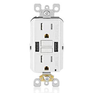 Leviton GUSB1-W 15A SmartlockPro® GFCI Combination 24W(4.8A) Type A USB In-Wall Charger Outlet - Ready Wholesale Electric Supply and Lighting