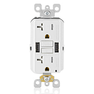 Leviton GUSB2-W 20A SmartlockPro® GFCI Combination 24W(4.8A) Type A USB In-Wall Charger Outlet - Ready Wholesale Electric Supply and Lighting
