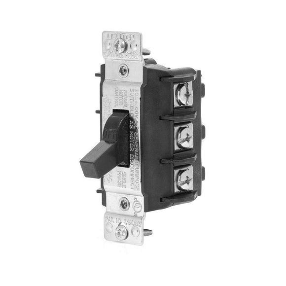 Leviton MS303-DS - 30 Amp, 600 Volt, Three-Pole, Three Phase AC Manual Motor Controller, Suitable as Motor Disconnect, Toggle, Industrial Grade, Non-Grounding, Back & Side Wiring - Black - Ready Wholesale Electric Supply and Lighting