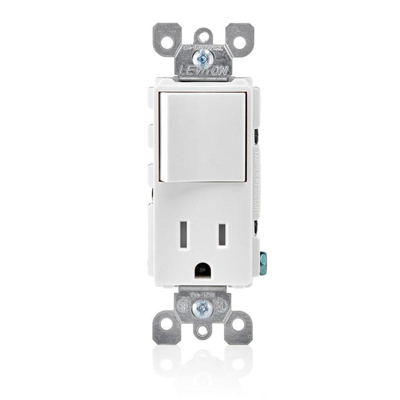 Leviton T5625-W - Tamper-Resistant rocker style combination decora switch and receptacle/outlet. 15a-120v ac single pole switch. 15a-12 premium spec grade,10 yr. cof white, nema 5-15r - Ready Wholesale Electric Supply and Lighting