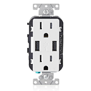 Leviton T5632 - 3.6A USB Type-A/Type-A Wall Outlet Charger with 15A Tamper-Resistant Receptacles - Ready Wholesale Electric Supply and Lighting