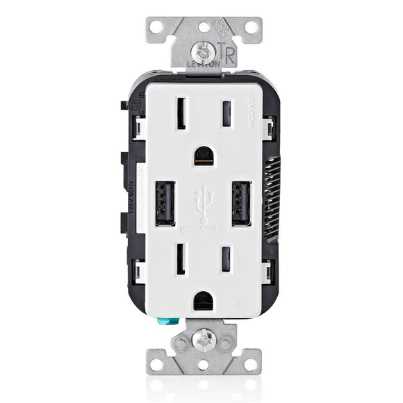 Leviton T5632 - 3.6A USB Type-A/Type-A Wall Outlet Charger with 15A Tamper-Resistant Receptacles - Ready Wholesale Electric Supply and Lighting