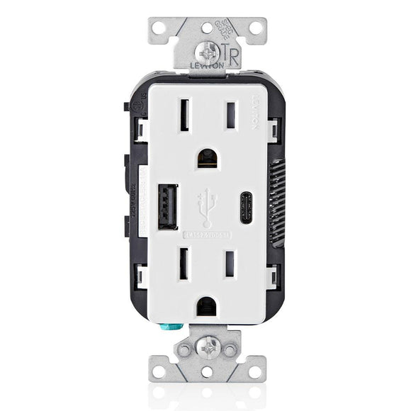 Leviton T5633 - 5.1A USB Type A/Type-C Wall Outlet Charger with 15A Tamper-Resistant Outlet - Ready Wholesale Electric Supply and Lighting
