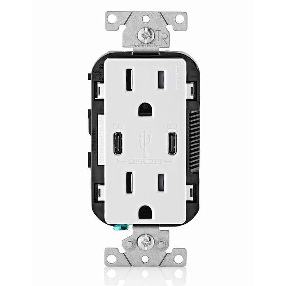 Leviton T5635 - 30W (6A) USB Dual Type-C/C Power Delivery Wall Outlet Charger with 15A Tamper-Resistant Outlet - Ready Wholesale Electric Supply and Lighting