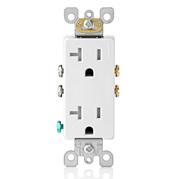Leviton T5825 - Ultrasonically welded, 20A Tamper-Resistant, Decora duplex receptacle/outlet. Residential grade, NEMA 5-20R, side wired only, UL, CSA and NOM - Ready Wholesale Electric Supply and Lighting