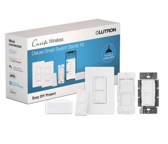 Lutron P-BDG-PKG2WS-WH - Caseta Deluxe Smart Switch Kit with Smart Bridge, 2 Smart Switches - White - Ready Wholesale Electric Supply and Lighting