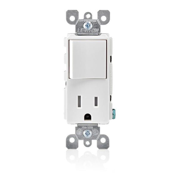 Leviton T5625-W - Tamper-Resistant rocker style combination decora switch and receptacle/outlet. 15a-120v ac single pole switch. 15a-12 premium spec grade,10 yr. cof, nema